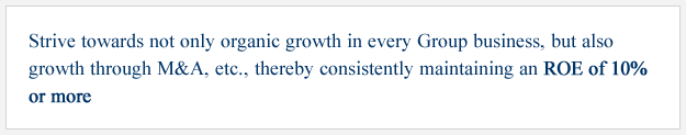 Strive towards not only organic growth in every Group business, but also growth through M&A, etc., thereby consistently maintaining an ROE of 10% or more