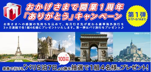 おかげさまで開業一周年
「ありがとう」キャンペーン
お客さまへの感謝の気持ちを込めて、毎月行き先が変わる豪華海外旅行を
3ヶ月連続で各1組4名様にプレゼントいたします。第一弾はパリ旅行をプレゼント♪
家族で行ける、「パリ5泊7日」（100万円相当）の旅を抽選で1組4名様にプレゼント！
