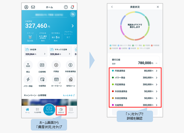 多くのお客さまよりご要望をいただいていた、各預金の保有状況の詳細が「資産状況」画面からご確認いただけるようになりました